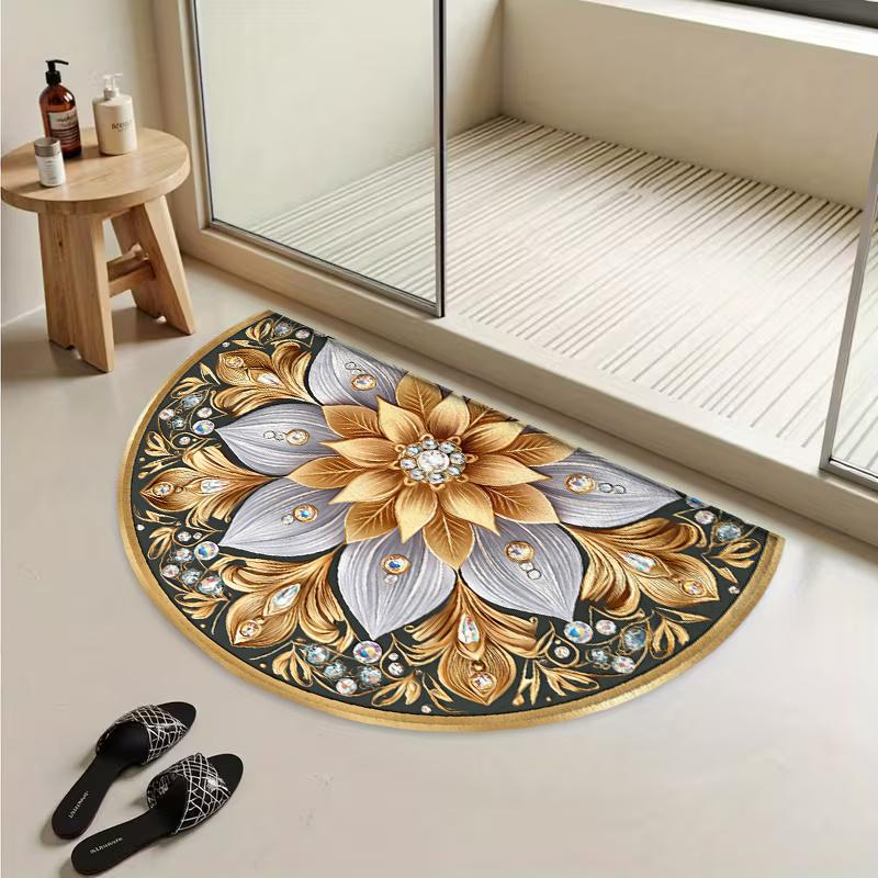1Pcs Artistic Floral Gold Semi Circle Welcome Doormat Non-Slip for Outdoor Patio Porch Kitchen Bathroom Entryway Floor Mat
