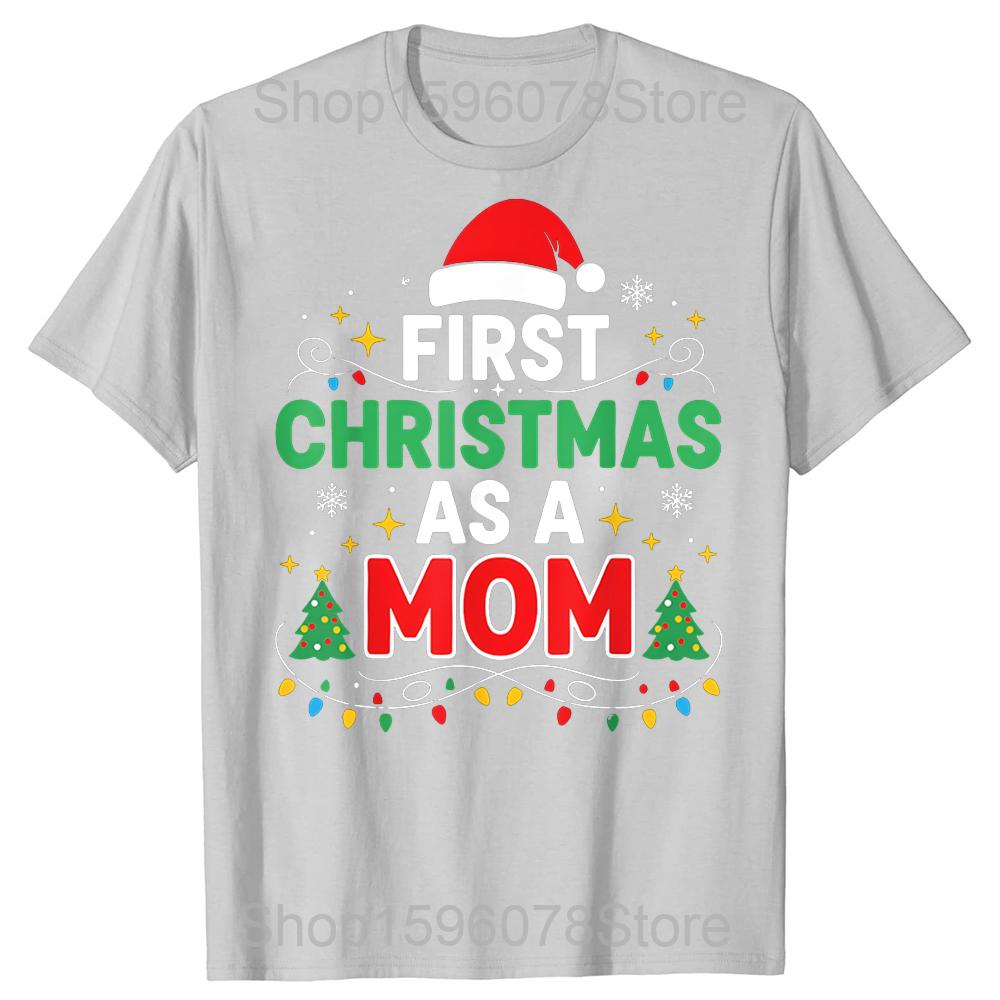 Erstes Weihnachten als Mama Familienpassende 1. Weihnachts-T-Shirts Herren 100% Baumwolle Locker Übergroß Rundhalsausschnitt Hip Hop T-Shirt