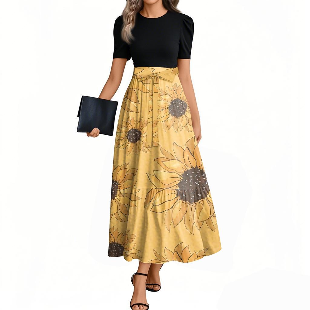 Women's Fashion Casual Belt Short Sleeve Round Neck Floral Stitching Elegant Temperament Dress