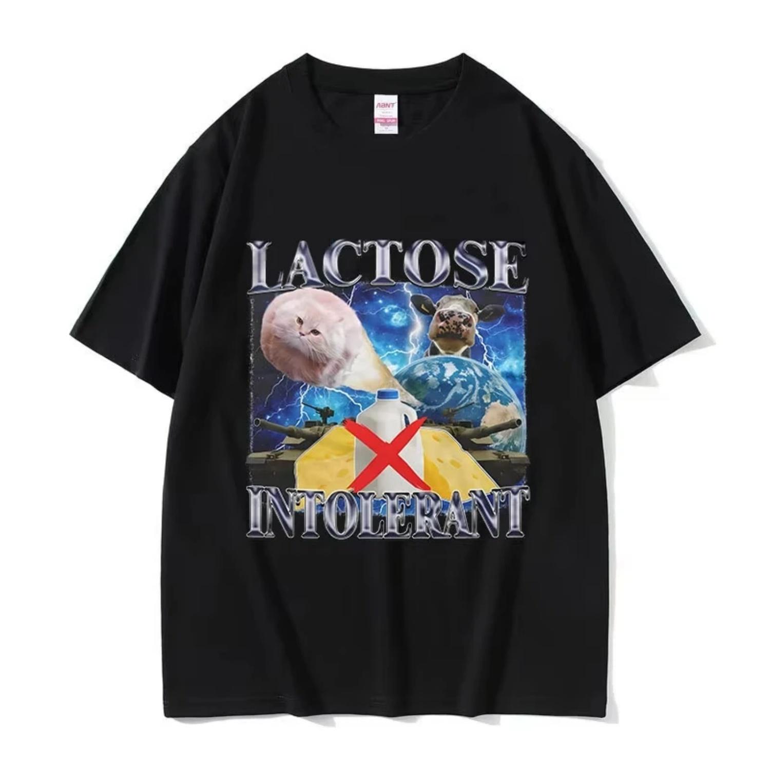 

Lactose Intolerant Funny Cat Meme Graphic Tee Shirt Men s Vintage Fashion Cotton Clothing Short Sleeve T-Shirts Streetwear Top S чёрный