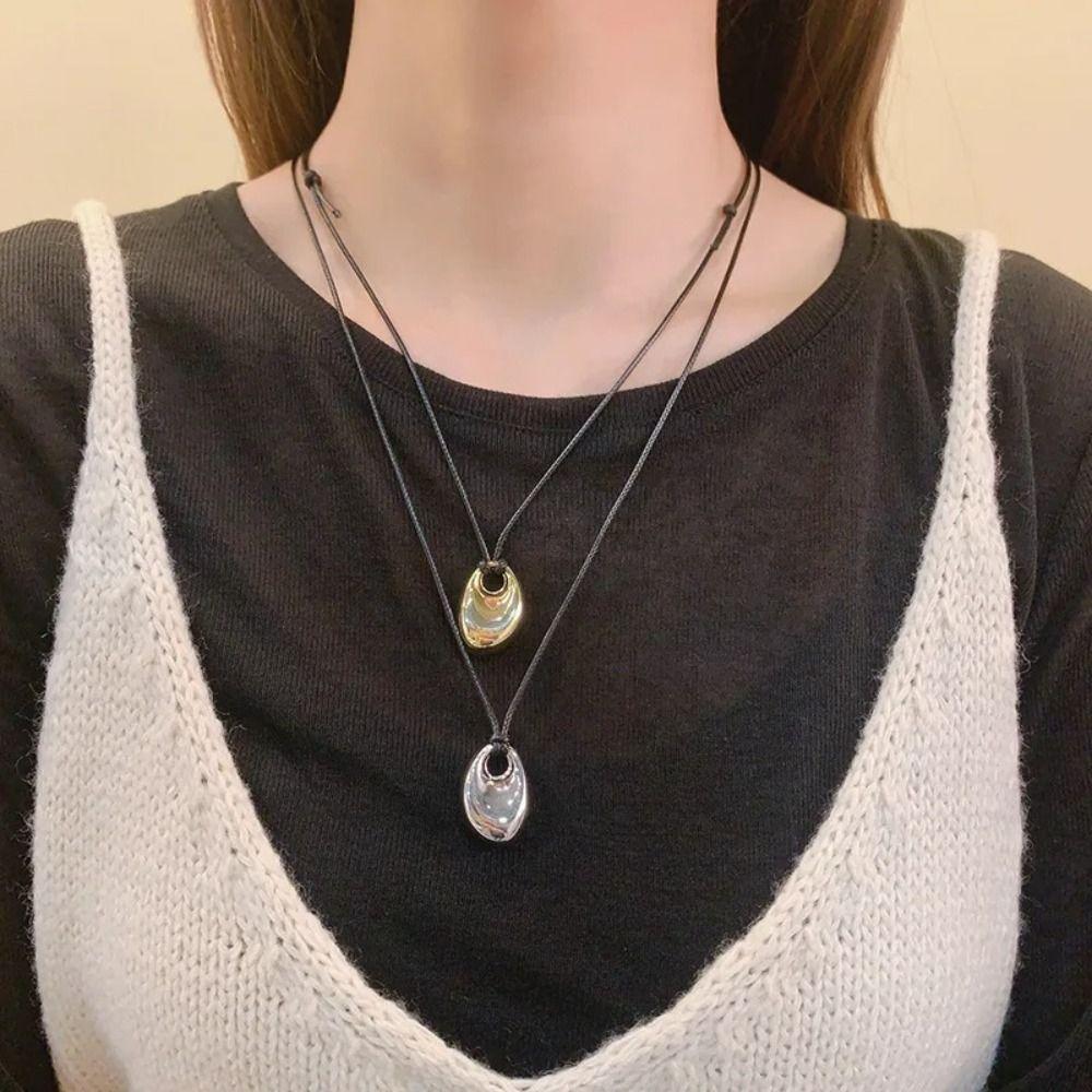 Adjustable Sweater Chain PU Leather Geometric Charm Neckchain New Clavicle Chain Women