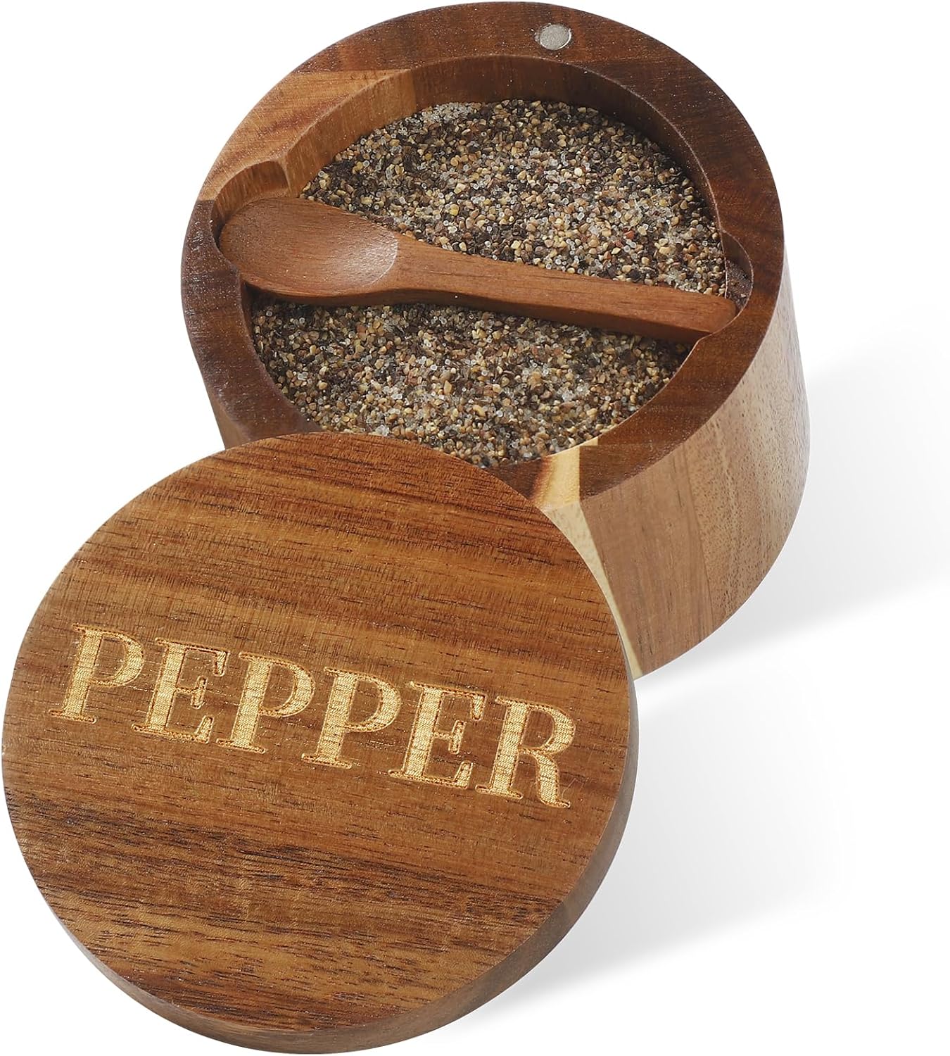 Bamboo Salt Cellar, 2 PCS Salt Container with Built-in Spoon, Salt Box Bowl with Magnetic Swivel Lid, Elegant Kitchen Salt Holder Saver Jar to Storage