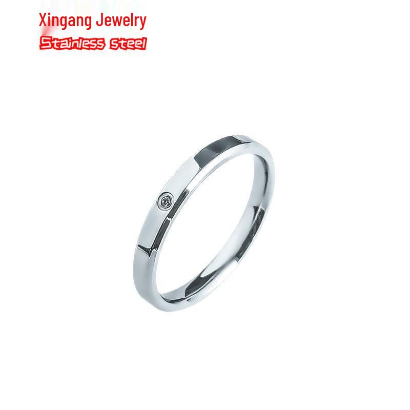 Korean Style Titanium Steel Ring with Inlaid Diamond: Non-Fading, Exquisitely Carved Plain Band for Couples