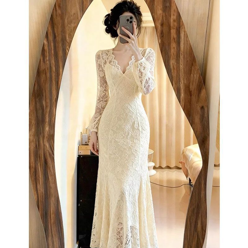 French petty bourgeoisie beige v-neck lace fishtail dress spring women's clothing Kochi fit slim fit skirt