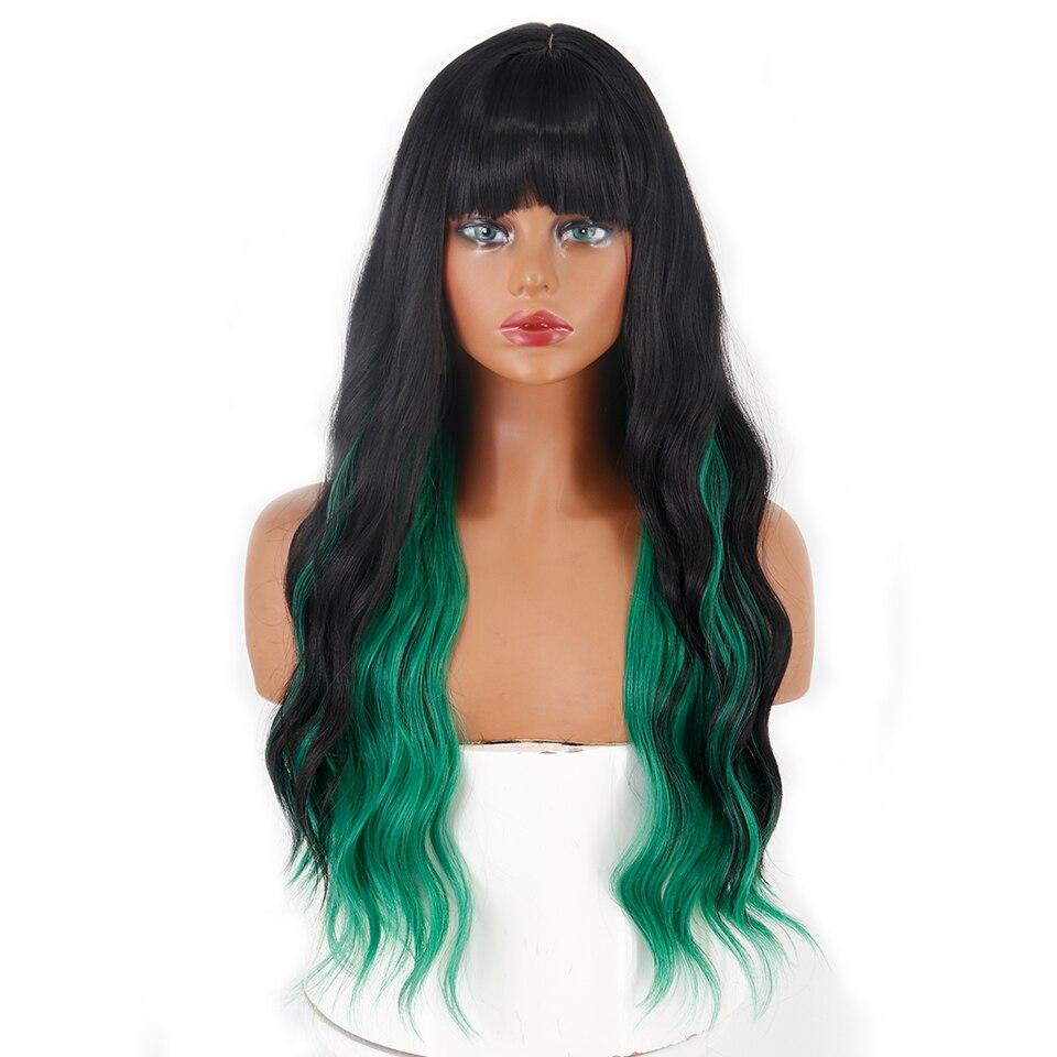XINRAN Synthetic Long Wig Blue Wave Wig With Bangs Synthetic Heat-resistant Fiber Hair Cosplay Black Female Long Wig Christmas Wig