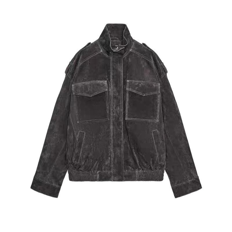 

Вінтажна жіноча замшева куртка-бомбер вільного крою зі стійкою, кишенями на блискавці, довгими рукавами. Жіноче пальто осінь 2025, повсякденний вуличний стиль. L