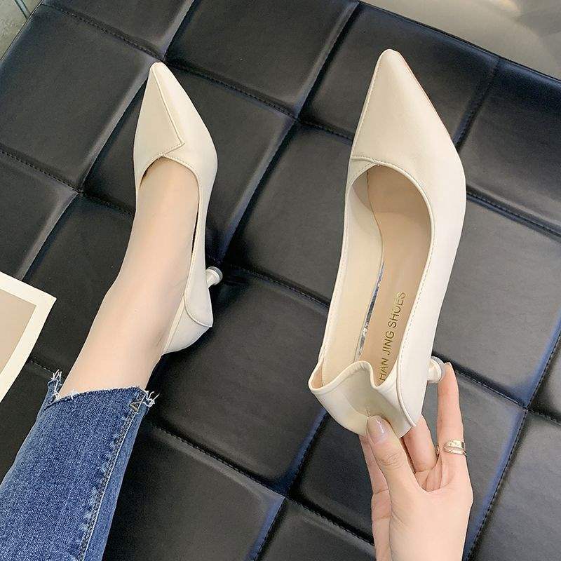3Cm Not Tired Feet High Heels Annual Thin Heel 5cm Pointed Soft Leather Middle Heel Single Shoes Shallow Mouth Work Shoes