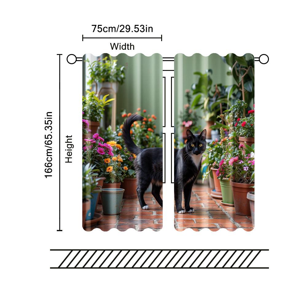 2 Pcs   Filtering Curtains (excluding Rods   Non-movable   Without Batteries) Anime-Inspired Black Cat and Houseplant for Use In