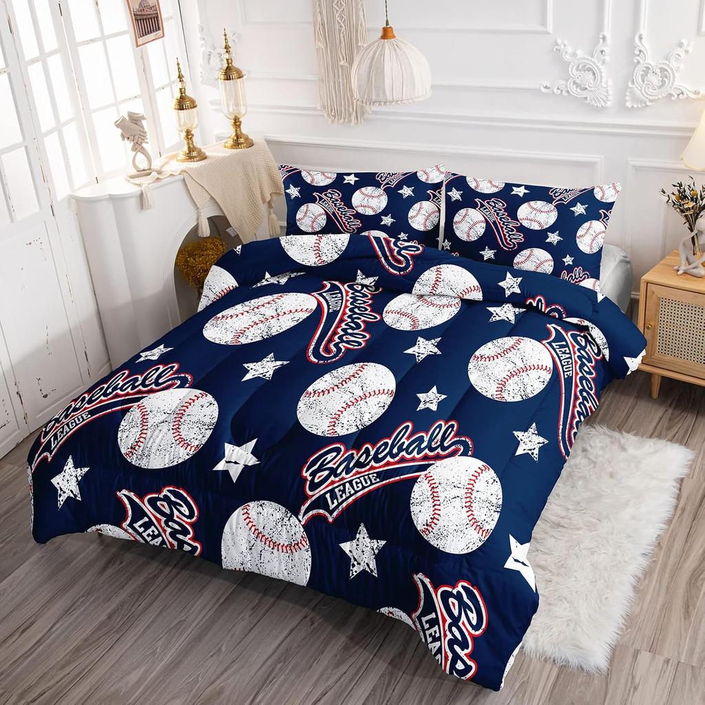 3D Baseballs Full Size,Blue Baseball Kids Bedding Set,3Pcs Bedding Set Printed 1duvet Cover with 2 Pillowcases