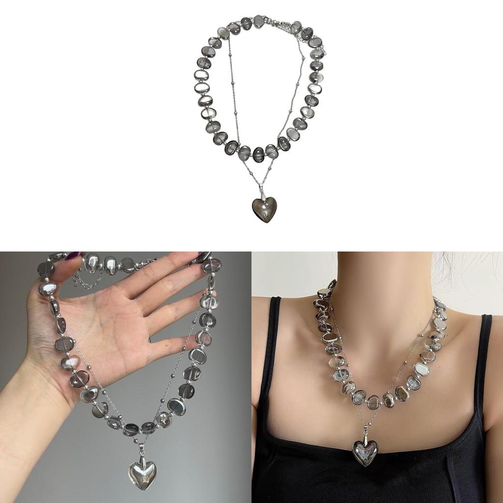 Waterdrop Crystal Beaded Necklace For Women Handmade Heart Pendant Double Layer Jewelry