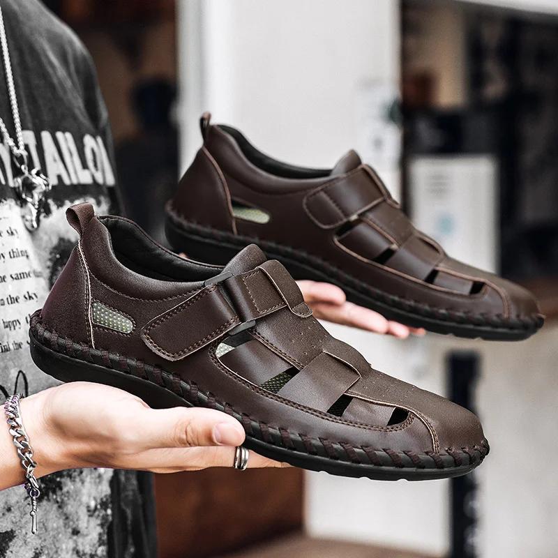 Fashion New Leather Summer Loafers Breathable Mens Sandals Durable Handmade Stitching Beach Flats Non Slip Outdoor Man Slip On Sandals