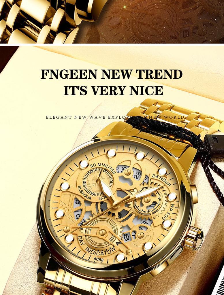 UTHAI Men's Watch Light Luxury Automatic Hollow Fashion Trend Waterproof Luminous Stainless Steel Strap Quartz Watch Reloj Gift
