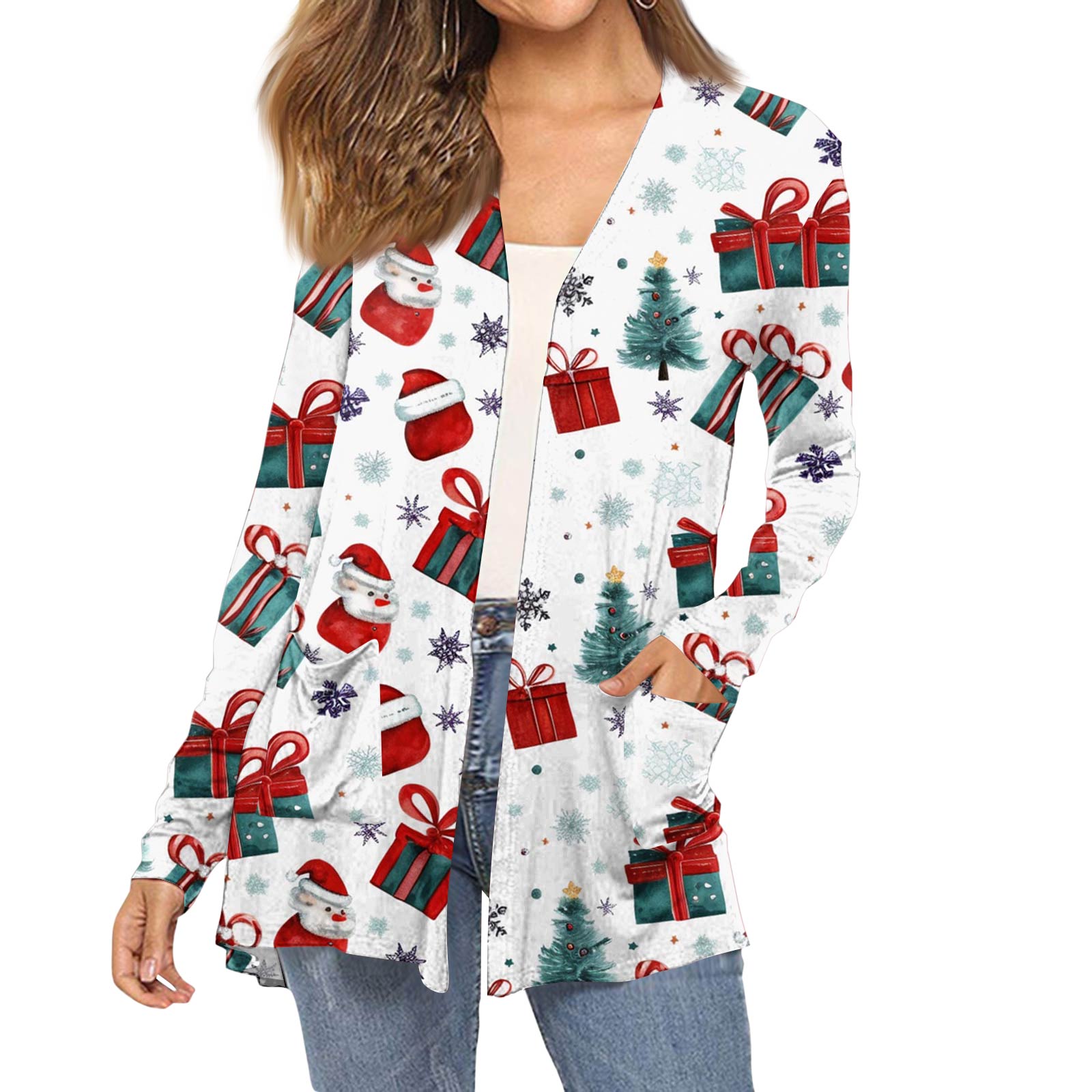 

Women s Fashion Christmas Print Long-Sleeved Pocketed Slim-Fit Cardigan Coat XL