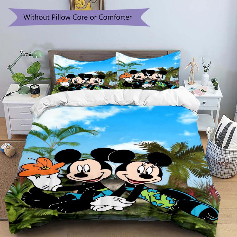 3pcs Mickey & Minnie Mouse Tropical Paradise Print Cover Set Ultra Soft, Breathable, and Comfortable Bedding with Stylish Design for Bedroom and