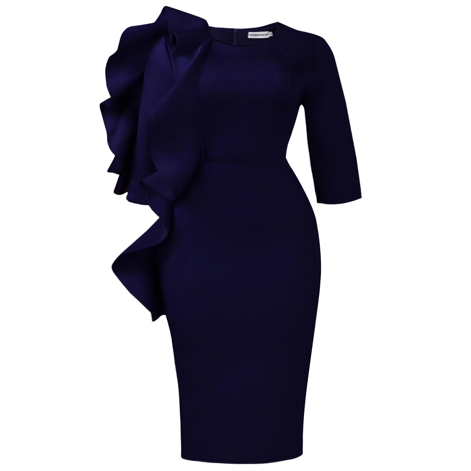 

D608 Осень 2025 Стильное облегающее платье с рукавами три четверти и оборками S темно-синий