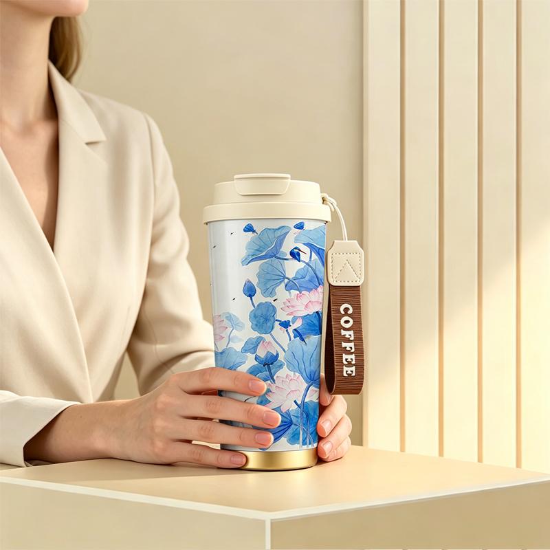 532ml Coffee Mug Blue Pink Lotus Kingfisher Motif Unisex Commuter Coffee Mug 304Steel Hot Cold Cup Strap Coffee Cup Flip Sip Coffee Mug 532ml Coffee Mug розовый/синий