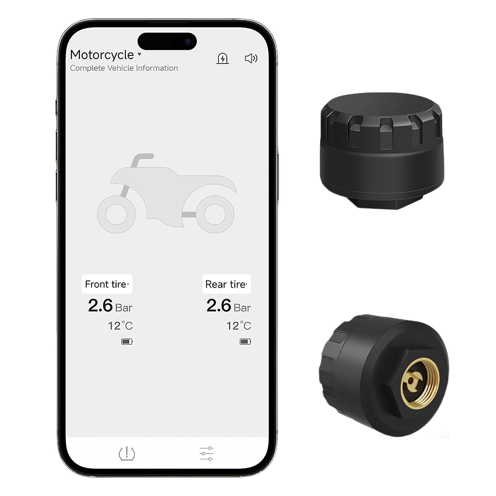 

HUAJUN Motorcycle Tire Pressure Sensor, Smartphone Compatible, Instant Pressure and Temperature Monitoring, Easy Installation, Waterproof, Motorcycle/