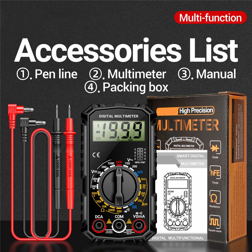 SZ308 Digital Multimeter Voltage Resistance Meter AC/DC Current Meter LCD Backlight Ohm Square Wave Test Electrician Tool