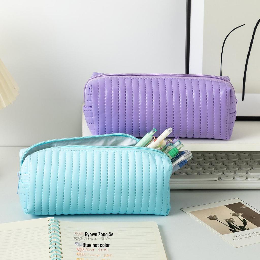 Large Capacity Japanese Style Leather Pencil Case for Female Students - Candy Color