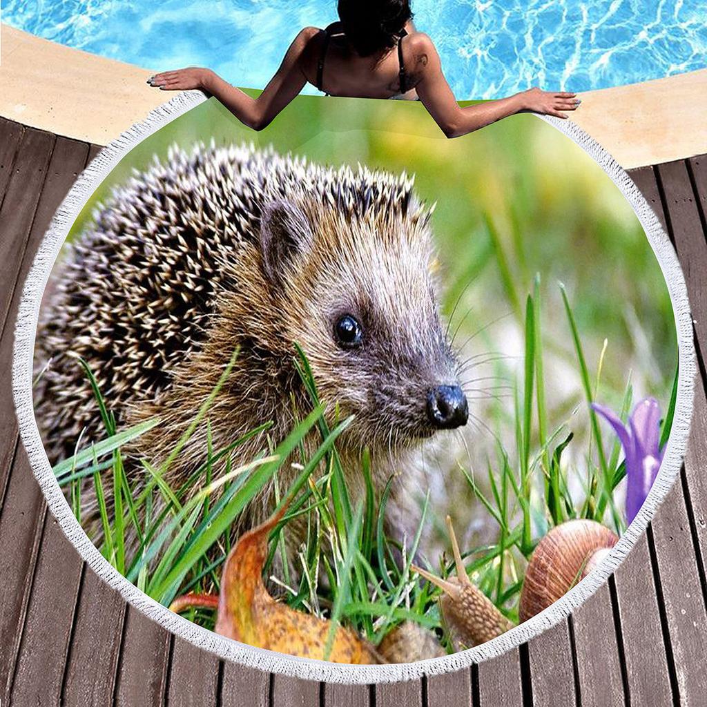 Cute Hedgehog Print Round Beach Towel, Absorbent Quick Dry Soft Sand Free Towel for Bathroom Pool Surf Travel Outdoor Meditation