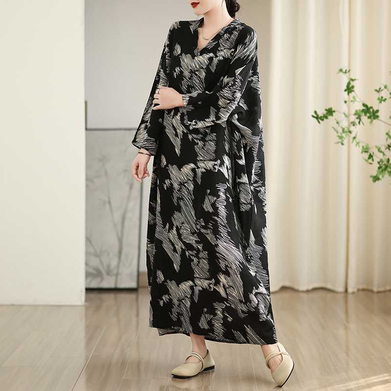 Colorful Travel V-neck Retro Long Skirt Cotton Linen Dress