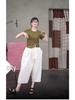 Women's Slimming Round Neck Olive Green Ribbed Cotton T-shirt