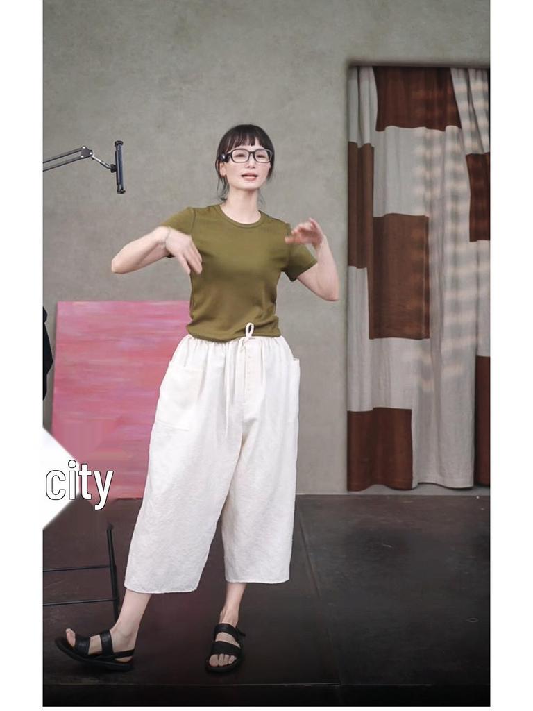 Women's Slimming Round Neck Olive Green Ribbed Cotton T-shirt