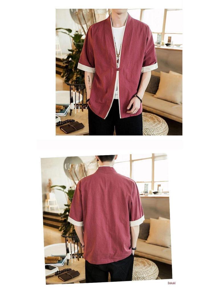 Herren Sommer Leinen Tang Anzug: Retro Chinesisches Kurzarm-T-Shirt mit Froschknöpfen