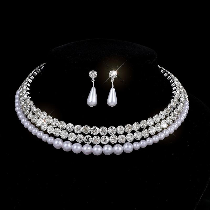 Bridal Pearl Full Diamond Necklace Necklace Diamond Imitation Pearl Bracelet Earrings Necklace Set Women