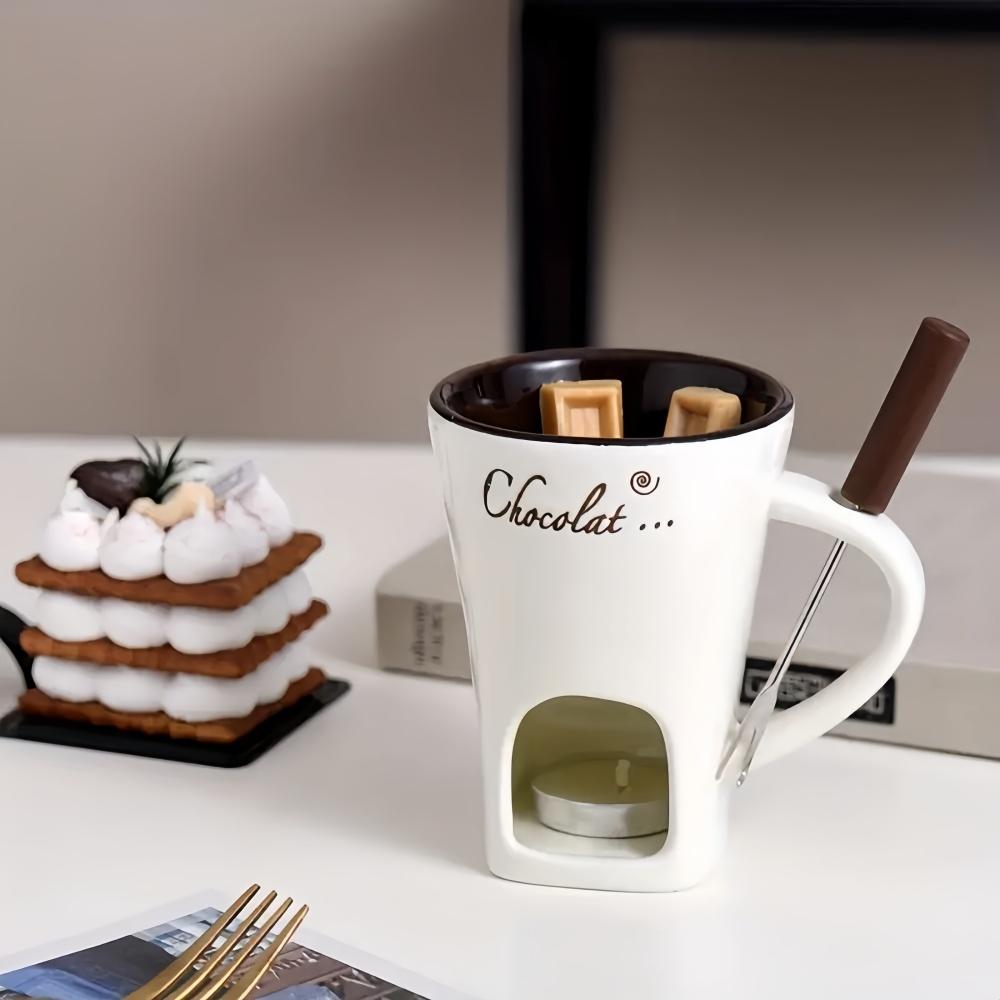 Hot Sale 2 Pcs Ceramic Chocolate Fondue Cups | Valentine's Day Ice Cream Cheese Melting Bowls | Reusable with Forks