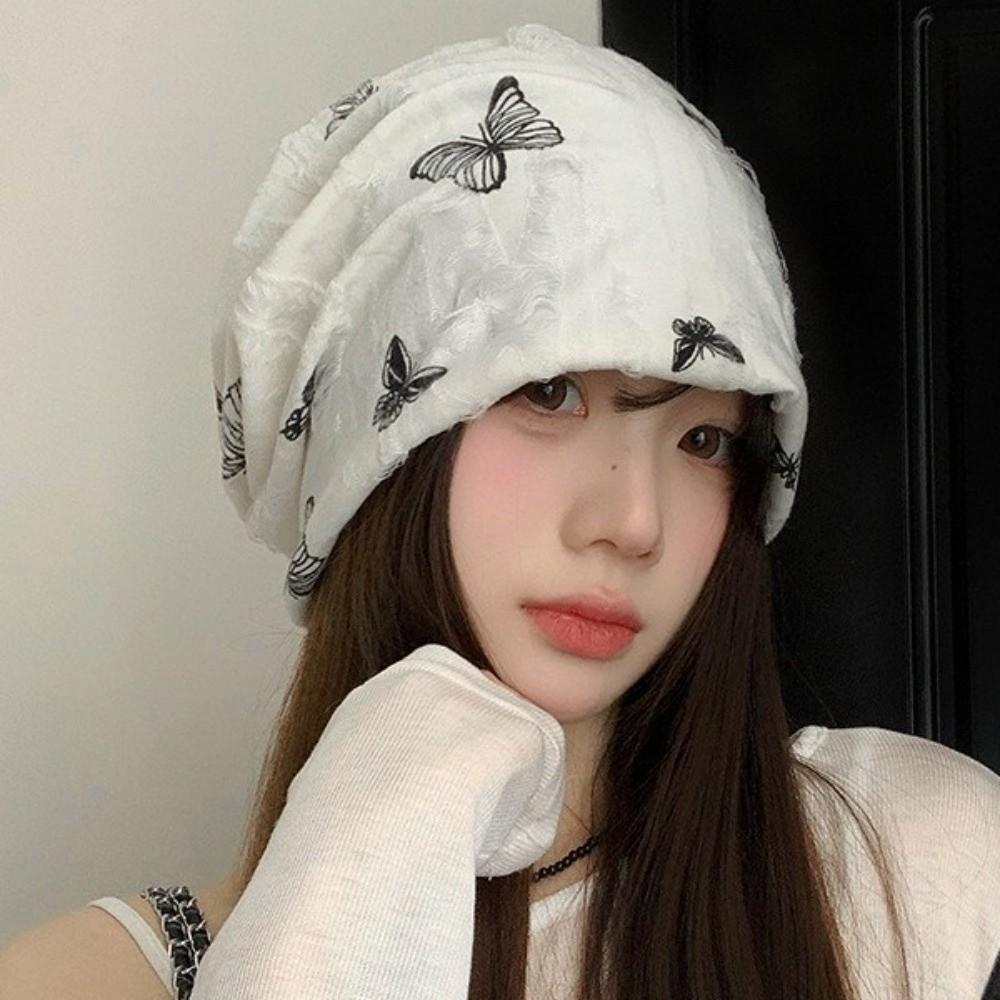 Coldproof Fleece Beanies Holes Plush Pullover Hat Fashion Butterfly Print Beanies Female