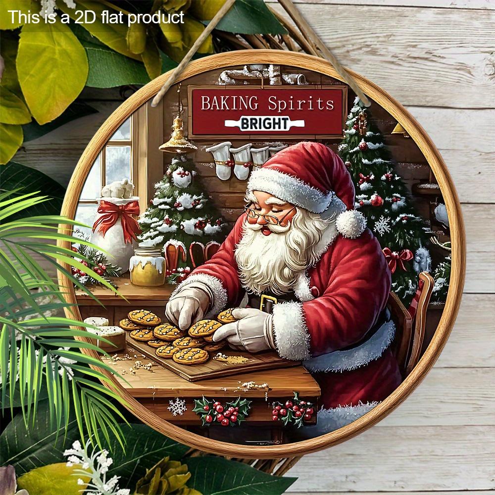 Weihnachtsschild aus Holz mit freundlichem Weihnachtsmann-Muster, Frohe Weihnachten rundes Schild für Haustür, Küche, Hängedekor, Idealer Weihnachtsschmuck