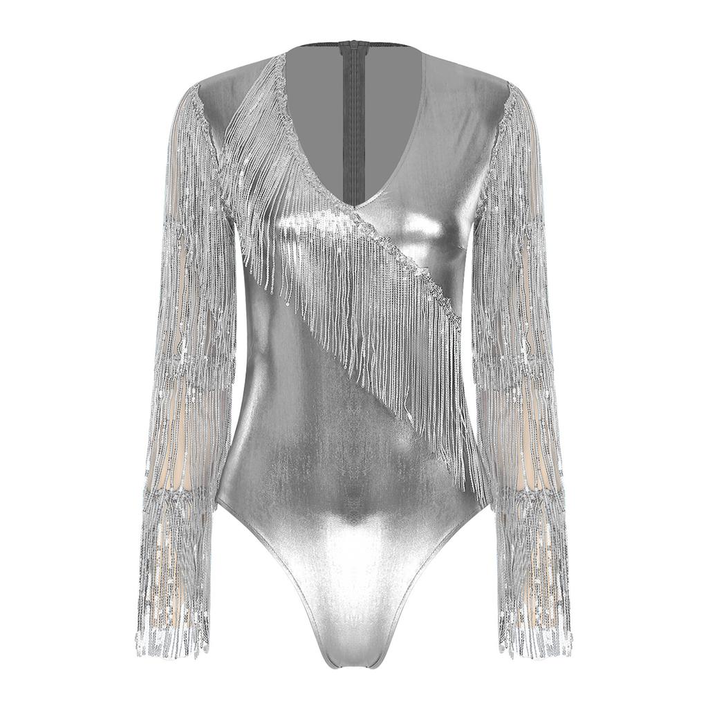 Womens Metallic Shiny Club Bodysuit Tiered Sequin Tassel Mesh Long Sleeve Dance Jumpsuit