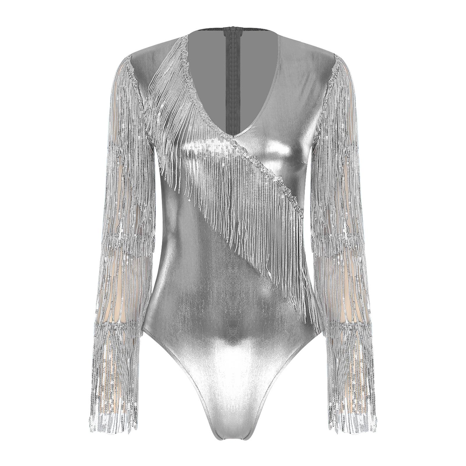 Damen Glänzender Metallischer Club Body Stufig Pailletten Quasten Netz Langarm Tanz Jumpsuit S silber