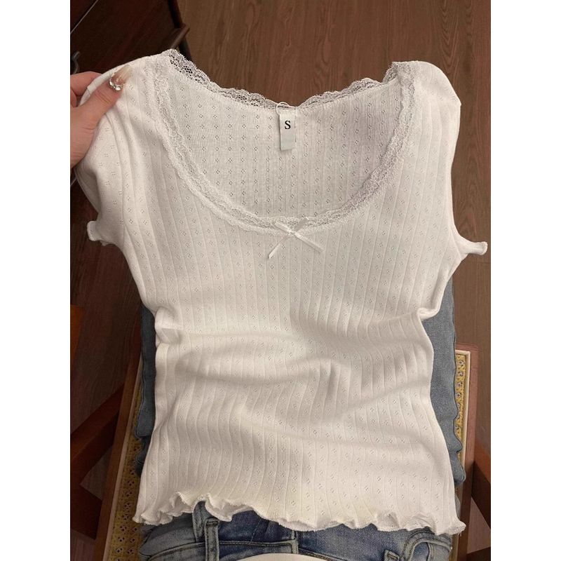 

Плечо Чистое Желание Рюши Короткие Рукава Женский Летний Слим Кружево White S