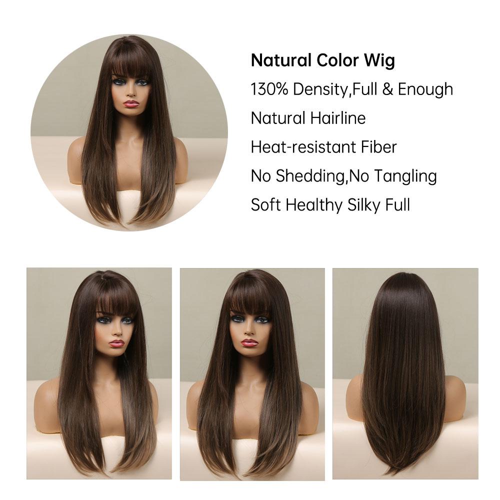 

EASIHAIR Brown Straight Synthetic Wigs with Bangs Natural Layered Hair Wigs for Women Daily Cosplay Party Heat Resistant