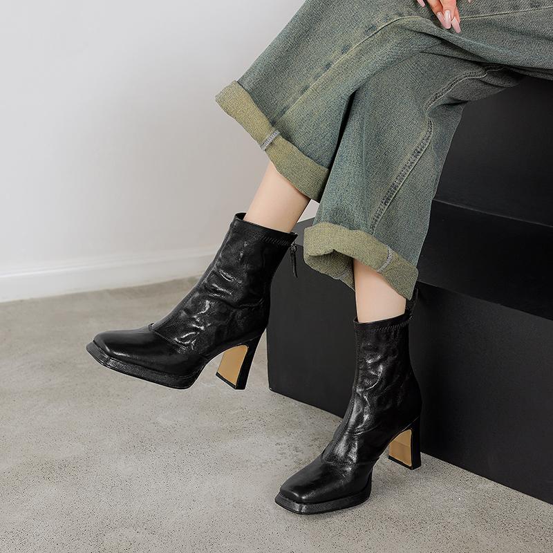 Krazing Pot Sheepskin Winter Square Thick High Heels Chelsea Boots Women Zipper Platform Ankle Boots