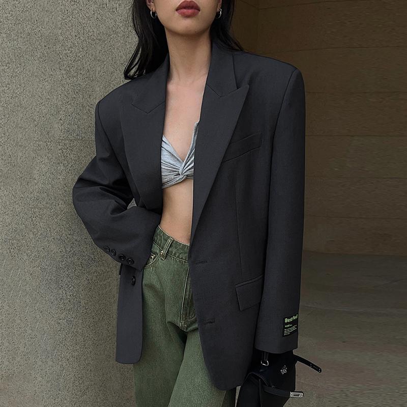 Women Blazer Lapel Solid Color Loose Long Sleeve Suit Jacket Fashion Office Lady Legant Wide Shoulder Commuting Jacket Summer Autumn