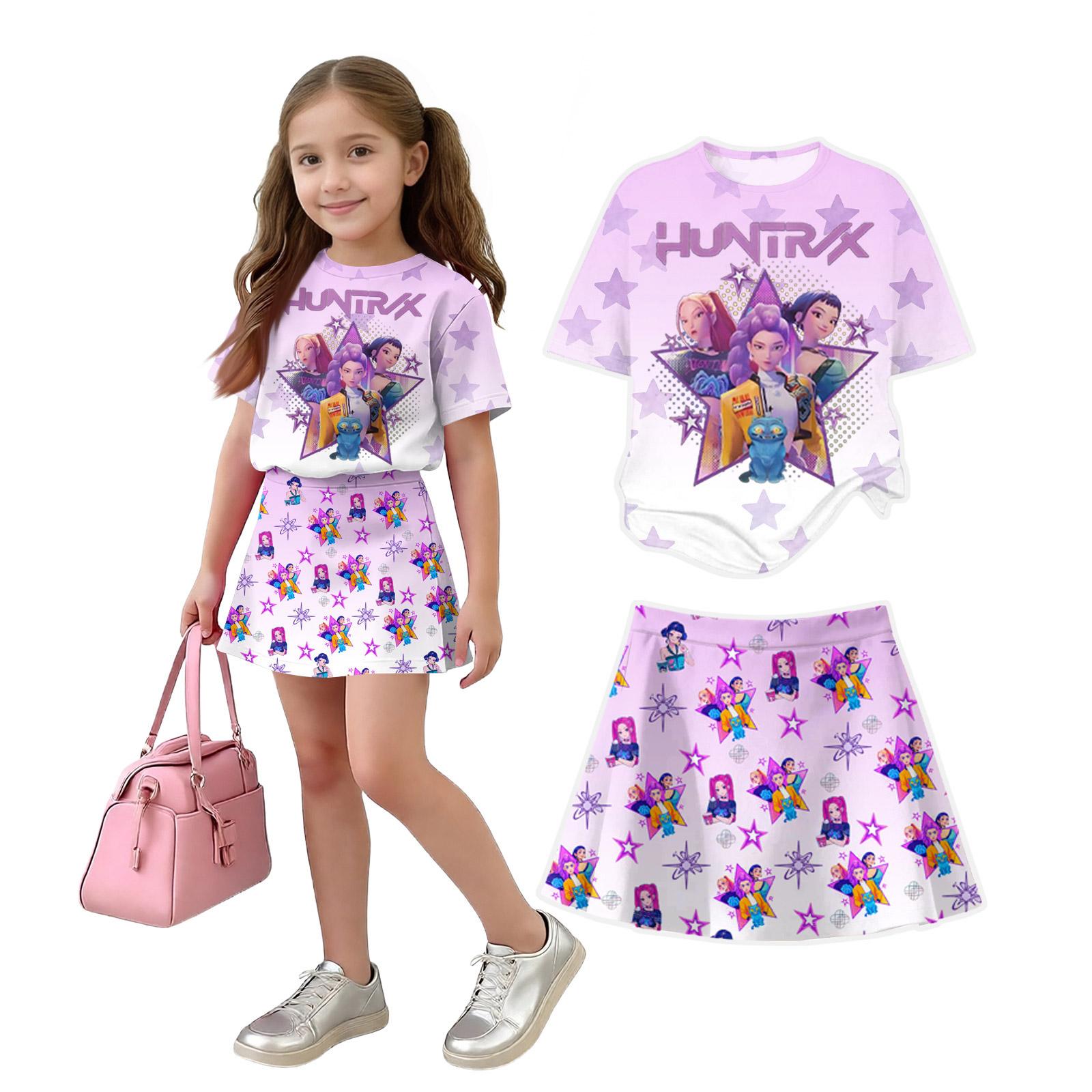 

Girls Short Sleeve Printed Loose Fit Casual T-Shirt with Round Neck and Matching Skirt Set Comfortable Summer Outfit for Kids 150 фиолетовый