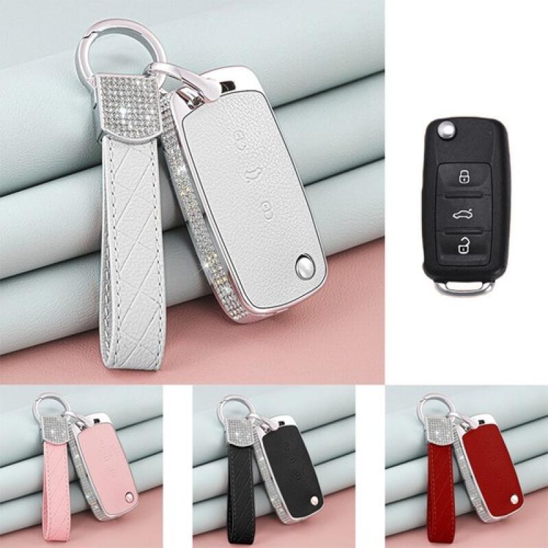 A+ Zinc Alloy Leather Diamond Car Key Case Cover For VW Polo Beetle Passat Jetta