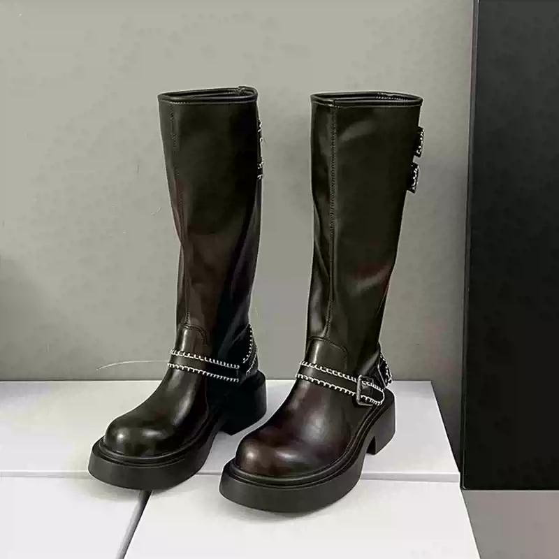 

Зимние женские сапоги в стиле ковбой в стиле вестерн, модные длинные сапоги с пряжкой на поясе, женские сапоги на платформе и толстом каблуке Botas Mujer 35