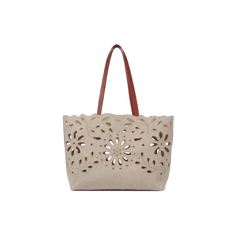 New Chloe Bright Calfskin With Linen Tote Bag, Shopping Bag, Handbag Large Women's Khaki CHC22-SS493G23-27S