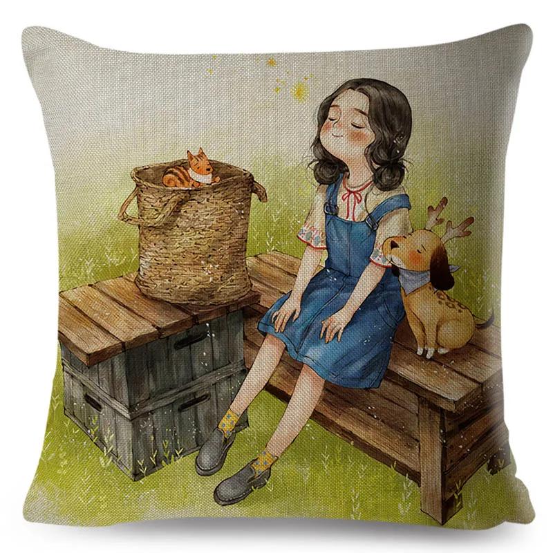 Colorful Cute Cartoon Girl and Pet Dog Fairy Tale World Pillowcase Decor for Sofa Home Pillow Case Polyester Cushion Cover