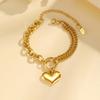 Double Layered Love Charms Heart Link Bracelet Woman, Stainless Steel Cuban Chain Adjustable, Waterproof Zircon Hypoallergenic