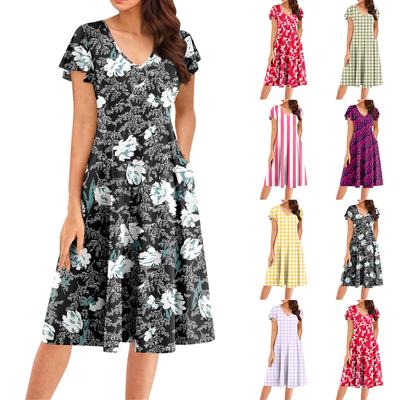 Damen Sommer Mode V-Ausschnitt Rüschenärmel Retro Elegant Midi Kleid
