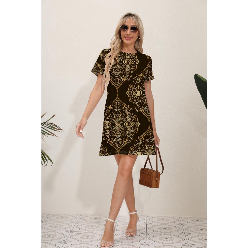 2026 Summer New Style Ladies Elegant Fashion Casual Printed Dress Slim Short-sleeved Round Neck Mini Office Dress Ladies
