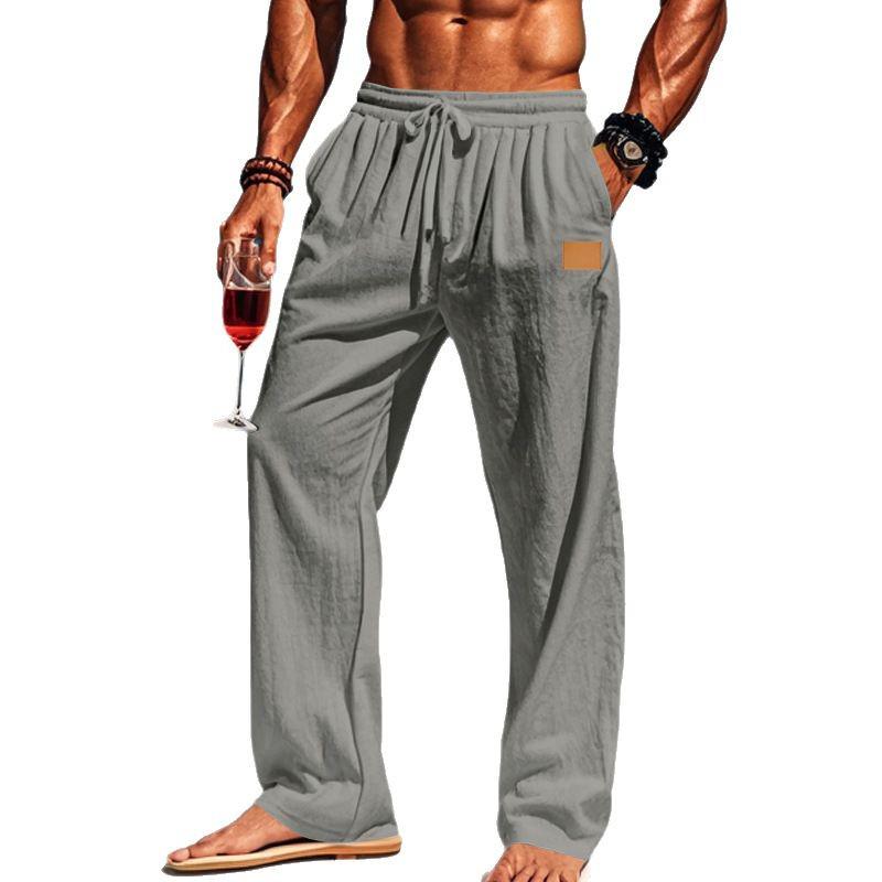 Cross-Border Men's Cotton Linen Drawstring Beach Pants.