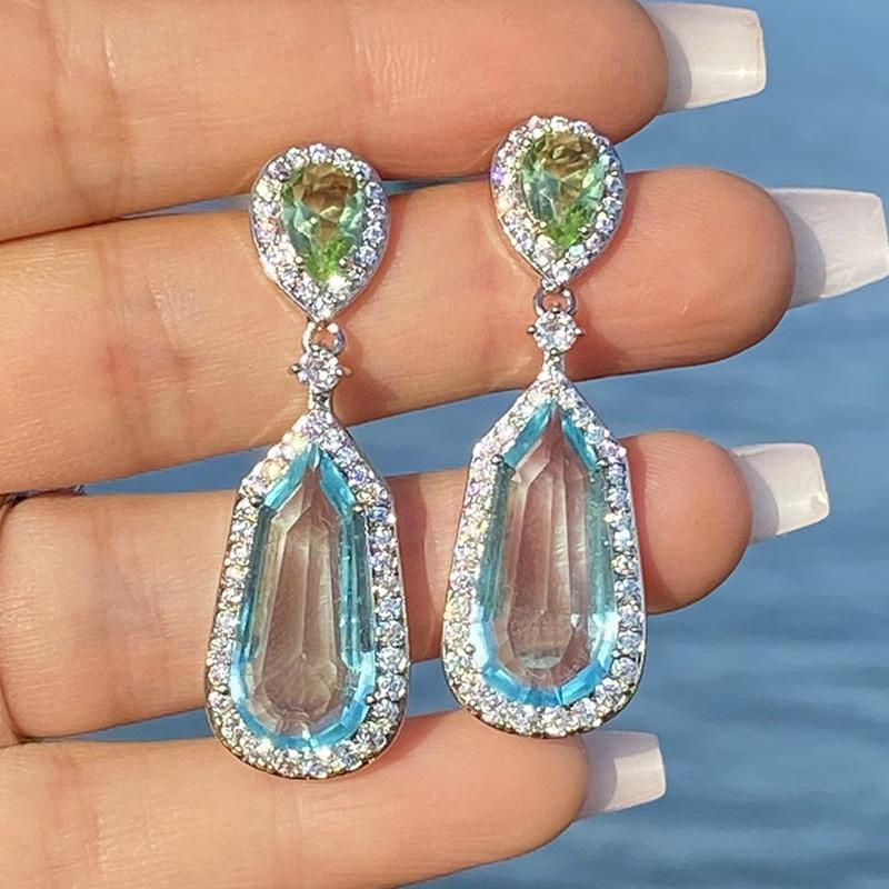 Earrings, Niche Design Sea Blue Zircon Wedding Earrings, Chic Bridal Dinner Earrings