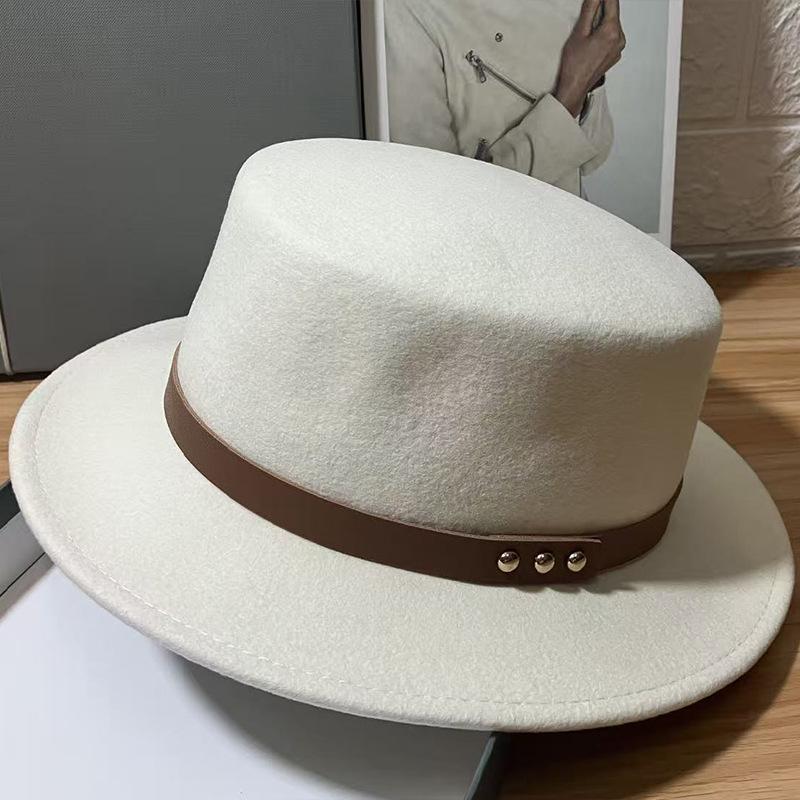 European and American Retro Belt Buckle Wool Felt Hat Women's Autumn and Winter Simple Flat Top Top Hat Western Versatile Basin Hat Fashion Hat