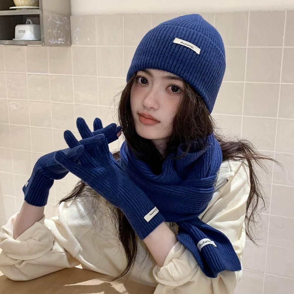 Wool Hat Scarf Gloves Set Solid Color Winter Beanie Hat Neck Warmer Thermal Knit Cap Cold Weather